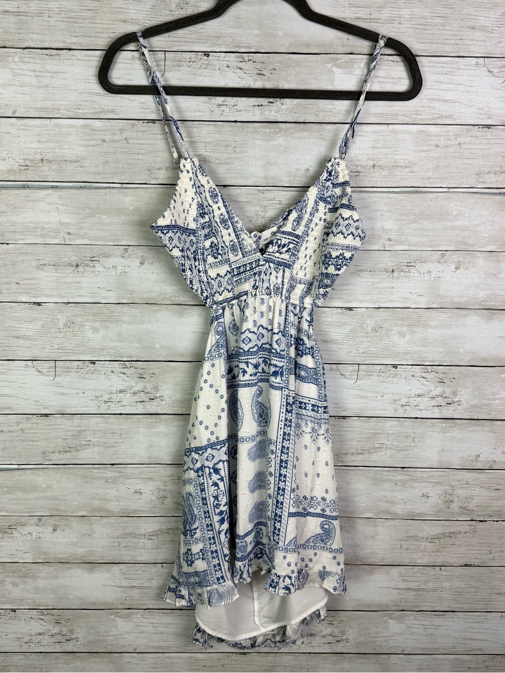 Sky To Moon Blue and White Printed Spaghetti Strap Dress Size Medium